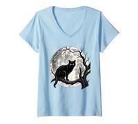 Donna Black Cats Creepy Tree Luna Piena Halloween Night Spooky Maglietta con Collo a V
