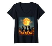 Donna Black Cats Halloween Zucca infestata Patch Party Costume Maglietta con Collo a V