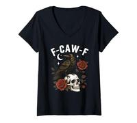 Donna Black Crow F-Caw-F Funny Halloween Moon Gothic Adult Humor Maglietta con Collo a V