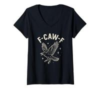 Donna Black Crow F-Caw-F Funny Halloween Moon Gothic Adult Humor Maglietta con Collo a V