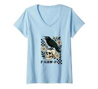Donna Black Crow F-Caw-F Gotico Uccello Retro Vintage Maglietta con Collo a V