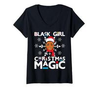 Donna Black Girl Christmas Magic Melanin Mrs Santa Claus Snowflake Maglietta con Collo a V