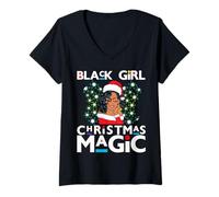 Donna Black Girl Magic Melanin Mrs Claus - Parrucca a caschetto riccia con Pizzo Frontale Maglietta con Collo a V