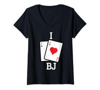 Donna Black Jack I Love BJ Divertente Gioco d'azzardo Casino Gambler Maglietta con Collo a V