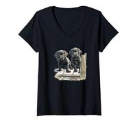 Donna Black Lab Puppies Dock Duo Cute Labrador Art Maglietta con Collo a V