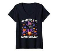 Donna Black Labrador Retriever Halloween Is My Favorite Holiday Maglietta con Collo a V