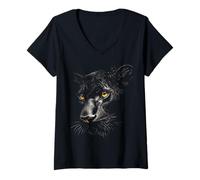Donna Black Panther Animal Motif Opera d'Arte Black Panther Maglietta con Collo a V