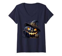 Donna Black Pumpkin Face in Witch Hat with Witchy Halloween Cat Maglietta con Collo a V