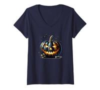 Donna Black Pumpkin Jack O Lantern Bat Graphic for Halloween Lover Maglietta con Collo a V
