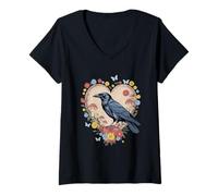 Donna Black Raven Cottagecore Cuore Fiore Corvo Natura Corvo Maglietta con Collo a V