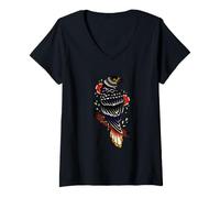 Donna Black Raven Tattoo Style Goth Birds Illustration Graphic Maglietta con Collo a V