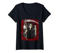 Donna Blackcraft Vintage Death the Grim Reaper Moth Tarot Card Maglietta con Collo a V