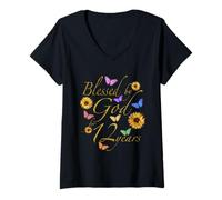 Donna Blessed By God For 12 Year Butterfly Girasole 12th Birthday Maglietta con Collo a V
