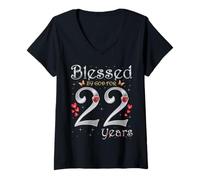 Donna Blessed By God For 22 Years Old 22 ° compleanno festa regina Maglietta con Collo a V