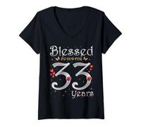 Donna Blessed By God for 33 Years Old 33 ° Compleanno Festa Regina Maglietta con Collo a V