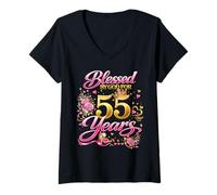 Donna Blessed by God for 55 Years Old Women 55th Birthday Queen Maglietta con Collo a V