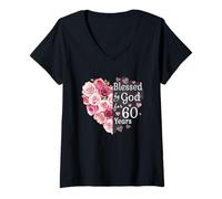 Donna Blessed by God for 60 Years - Cuore con Rose e Scritta Blessed By God for 60 Maglietta con Collo a V