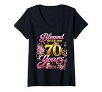Donna Blessed by God for 70 Years Old Women 70th Birthday Queen Maglietta con Collo a V