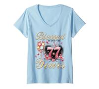 Donna Blessed by God for 77 Years Old Women 77th Birthday Queen Maglietta con Collo a V