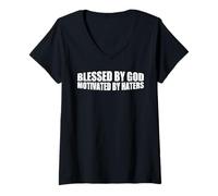 Donna Blessed By God Motivated By Haters Positività ------- Maglietta con Collo a V
