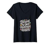 Donna Blessed By God Motivated By Haters Positività |- Maglietta con Collo a V