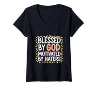 Donna Blessed By God Motivated By Haters Positività |----- Maglietta con Collo a V