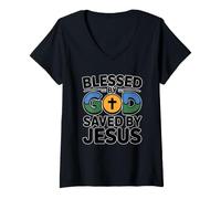 Donna Blessed By God Saved By Jesus Maglietta con Collo a V