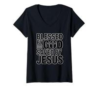 Donna Blessed By God Saved By Jesus Maglietta con Collo a V