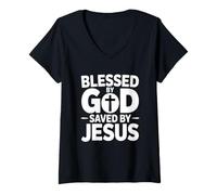 Donna Blessed By God Saved By Jesus Maglietta con Collo a V