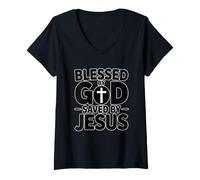 Donna Blessed By God Saved By Jesus Maglietta con Collo a V