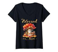 Donna Blessed Is Best - Gatto Gattino Vintage per Autunno e Autunno Maglietta con Collo a V