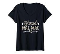 Donna Blessed Mae Mae Grandma Grandmother Cute Leopard Mothers Day Maglietta con Collo a V