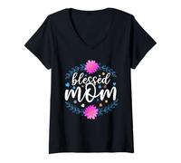 Donna Blessed Mom Flower Cute Mothers Day for Mommy Maglietta con Collo a V