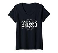 Donna Blessed Script Laurel - Grafica di gratitudine di Fede Maglietta con Collo a V