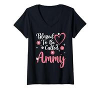 Donna Blessed To Be Called Ammy Flower Heart Cute Mother's Day Maglietta con Collo a V