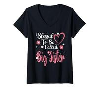 Donna Blessed To Be Called Big Sister Flower Heart Mother's Day Maglietta con Collo a V