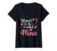 Donna Blessed To Be Called Mina Flower Heart Cute Mother's Day Maglietta con Collo a V