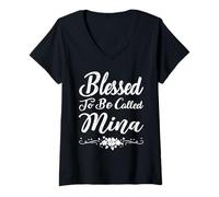 Donna Blessed To Be Called Mina Flowers Funny Mother's Day Maglietta con Collo a V