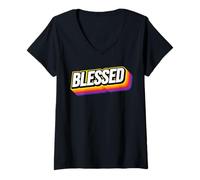 Donna Blessed Vintage 70s Retro Christian Encouragement Maglietta con Collo a V