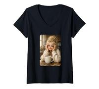 Donna Blond Doll Smoking Aesthetic Art Coffee Time Morning Mood Maglietta con Collo a V