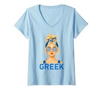 Donna Blond Greek Girl Greece Flag Greek Girlfriend Wife Maglietta con Collo a V