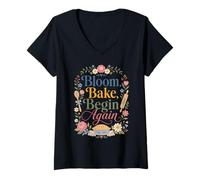 Donna Bloom Bake Begin Again Estetica Floreale Maglietta con Collo a V