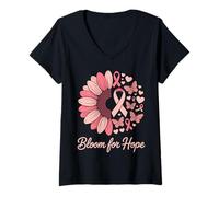 Donna Bloom for Hope - Supporto per Il Cancro al Seno, con Girasole, Nastro Rosa Maglietta con Collo a V