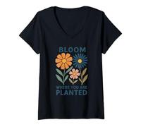 Donna Bloom Where You Are Planted Retro Botanico Estate Grafica Maglietta con Collo a V