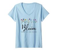 Donna Bloom Where You Are Planted Wildflower Christian Bible Verse Maglietta con Collo a V