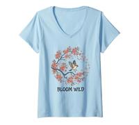 Donna Bloom Wild Spring Bird Citazione Cherry Blossom Lover Flight Nat Maglietta con Collo a V