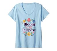 Donna Bloom with Purpose Inspirational Floral Citazione Maglietta con Collo a V
