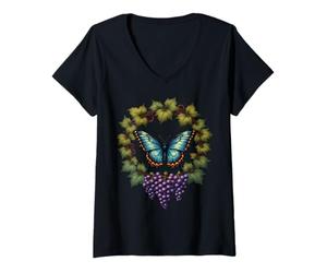 Donna Blu Alato Diana Farfalla Fritillare E Vite UVA Maglietta con Collo a V