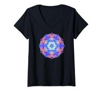 Donna Blu Rosso Giallo Fiamma Metatron Cube Mandala Forme Mania Maglietta con Collo a V