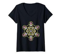 Donna Blu Rosso Giallo Pietre Come Metatron Mandala Forme Mania Maglietta con Collo a V
